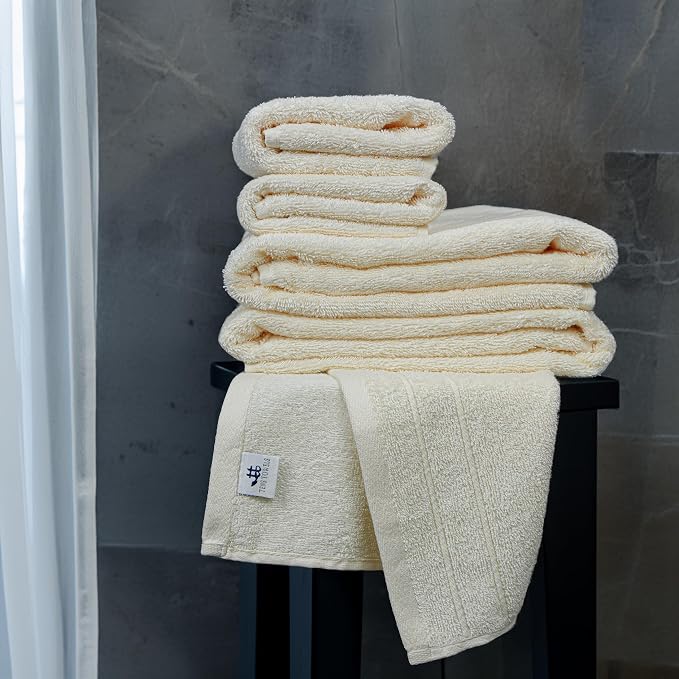 8 Piece Towel Set, 2 XL Bath, 2 Hand, 4 Washcloth, Cream | 100% Cotton, Lighter Weight, Quicker to Dry, Super Absorbent, Perfect for Bathroom