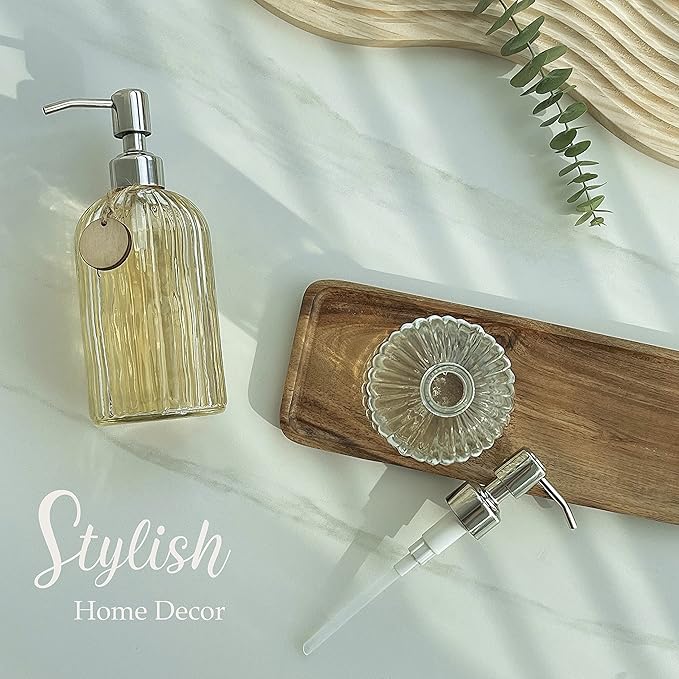 JASAI 2PACK 18 Oz Glass Soap Dispenser with Rust Proof Stainless Steel Pump | Refillable Hand Soap Dispenser with Vertical Stripe, Premium Bathroom soap Dispenser for Kitchen & Bathroom.