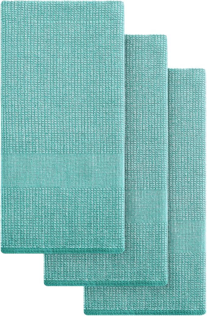 Mordimy Premium Large Cotton Kitchen Towels (18"x 28", 3 Pack), Teal | 100% Ring Spun Cotton, Super Absorbent, 380 GSM, Flat & Terry, Soft, Hanging Loop Dish Towels