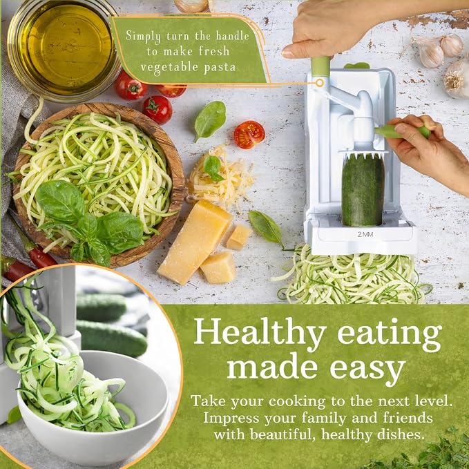 Brieftons 7-Blade Vegetable Spiralizer: Veggie Noodle Maker with Curly Fry & Crinkle Chip Blades, Catch Container, Keep-Fresh Lid, Blade Caddy, 4 eBooks | Low Carb, Vegan, Gluten-Free, Keto, Paleo