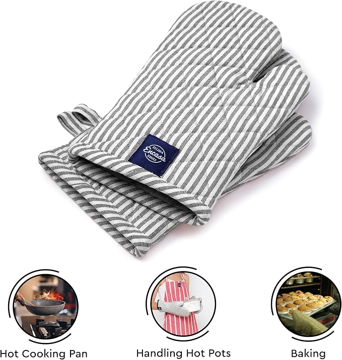 Encasa XO Oven Mitts, Heat Resistant Kitchen Gloves, Microwave | Ticking Black, 100% Cotton | Diamond Quilted Insulation | Pot Holders | Hanging Loop | Barbecue & Grill | Set of 2