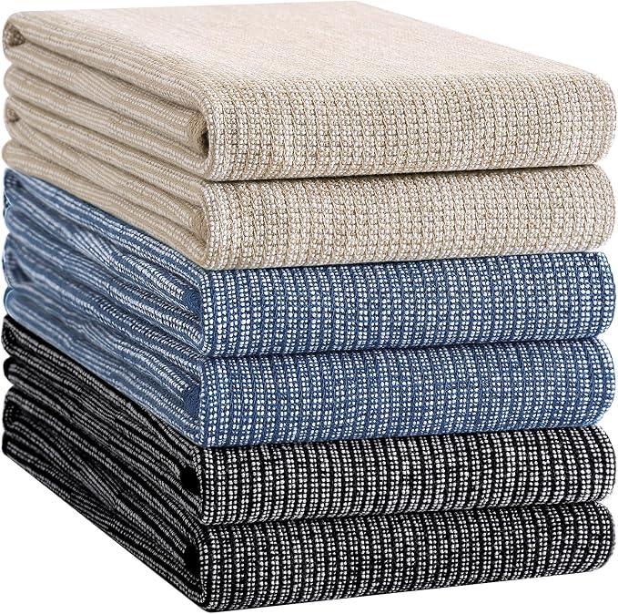 Homaxy 380 GSM Cotton Premium Kitchen Towels 6 Pack, 18"x 28", Mix | Flat and Terry Dish Towels, Highly Absorbent Tea Towel Set with Hanging Loop, Soft Kitchen Hand Towels, Navy/Khaki/Black