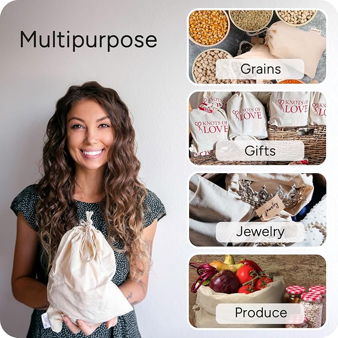 Organic Cotton Reusable Produce Bags - Small 5x7 (12 Pack) - Biodegradable Eco-Friendly Bulk Bin Sacks for Food - Cloth Bags with Drawstrings - Linen Pouch for Fruit, Vegetable Storage
