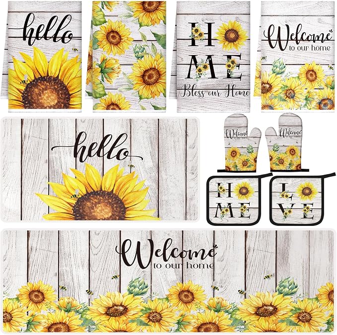 Fourluoo 10 Pcs Farmhouse Sunflower Kitchen Decor Set Sunflower Kitchen Towels and Rugs Oven Mitts Pot Holders for Cooking Baking Grilling Gift