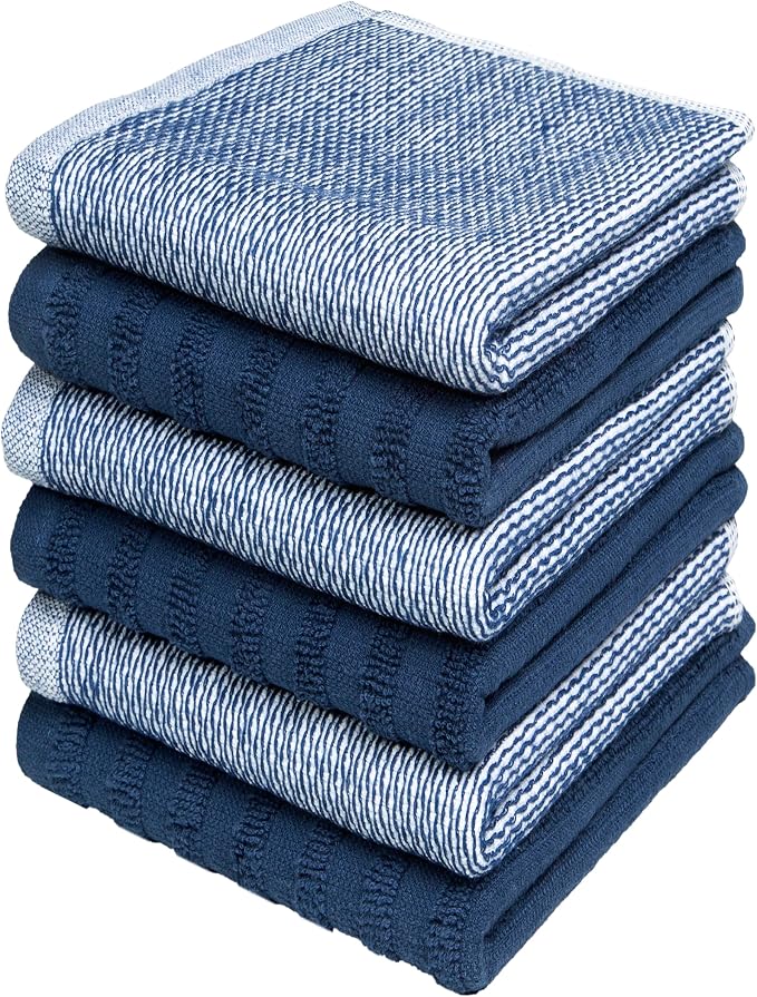 Bumble Premium Dish Cloths 13"x13" (6 Pack) | 100% Natural Ring Spun Cotton | 400 GSM | Highly Absorbent & Soft |Yarn Dyed & Solid Dyed Terry Dish Cloth Set - Blue