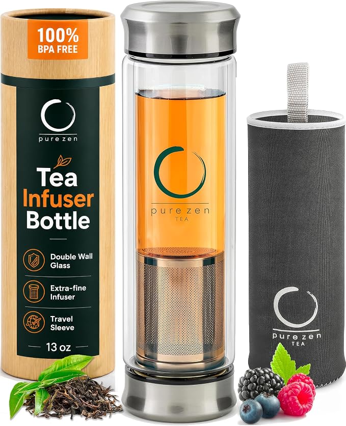 Pure Zen Tea Infuser Bottle - Double Wall Glass Travel Mug with Stainless Steel Filter - Leakproof Tea Tumbler with Infuser for Loose Leaf Infusions and Fruit Infused Water - Unique Gift Set - 13 oz