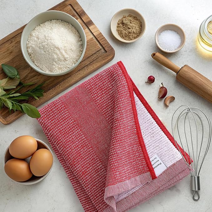 Mordimy Premium Large Cotton Kitchen Towels (18"x 28", 6 Pack), Red | 100% Ring Spun Cotton, Super Absorbent, 380 GSM, Flat & Terry, Soft, Hanging Loop Dish Towels