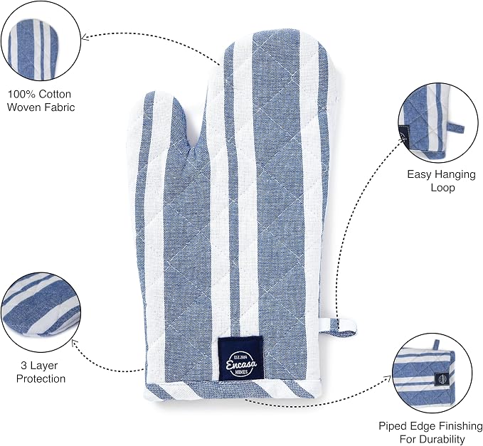 Encasa XO Oven Mitts, Heat Resistant Kitchen Gloves, Microwave | Franca Blue Stripes, 100% Cotton | Diamond Quilted Insulation | Pot Holders | Hanging Loop | Barbecue & Grill | Set of 2