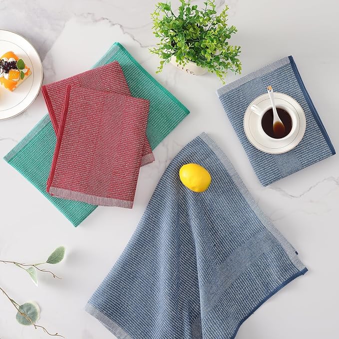 Mordimy Cotton Kitchen Towels (18"x 28", 3 Pack), Navy Blue/Red/Green | 100% Ring Spun Cotton, Super Absorbent, 380 GSM, Flat & Terry, Soft, Hanging Loop Dish Towels