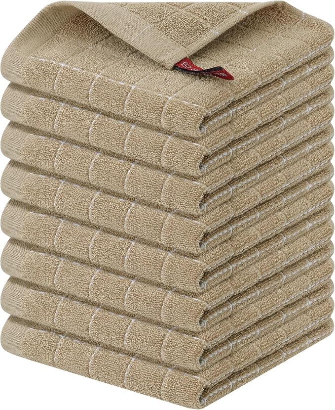Homaxy 100% Cotton Terry Kitchen Dish Cloths, 8 Pack, Tan | Ultra Soft and Absorbent, Suitable for Drying and Washing Dishes