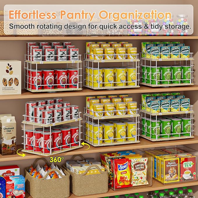 360° Rotating Lazy Susan Can Organizer for Pantry, Holds 26 Cans, White | 2-Tier Metal Wire & Wood Turntable Can Rack Holder, Storage for Canned Goods, Kitchen Pantry Cabinets & Countertops