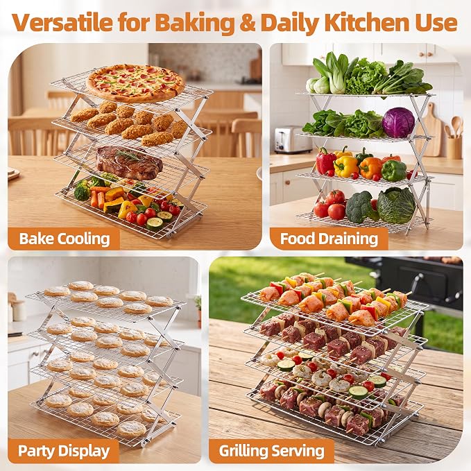 LIANYU 4 Tier Collapsible Cooling Rack, 3 Setting Design & Heavy-Duty | Cookie Cooling Rack for Baking and Cooking, Heavy Duty Wire, X-Shaped Structure, Easy Cleaning & Non-Stick, Kitchen Drying