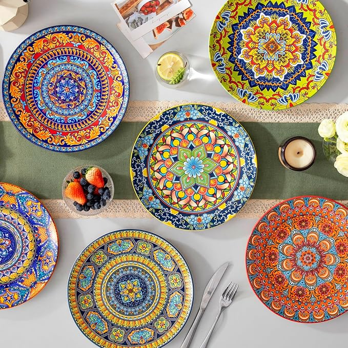 vancasso Colorful Dinner Plates Set of 6, 10.5 Inch Ceramic Kitchen Plates | Boho Dinner Plates Set, Bohemian Printed Dishes for Dining, Microwave & Dishwasher Safe Plate Set, Series KRVI