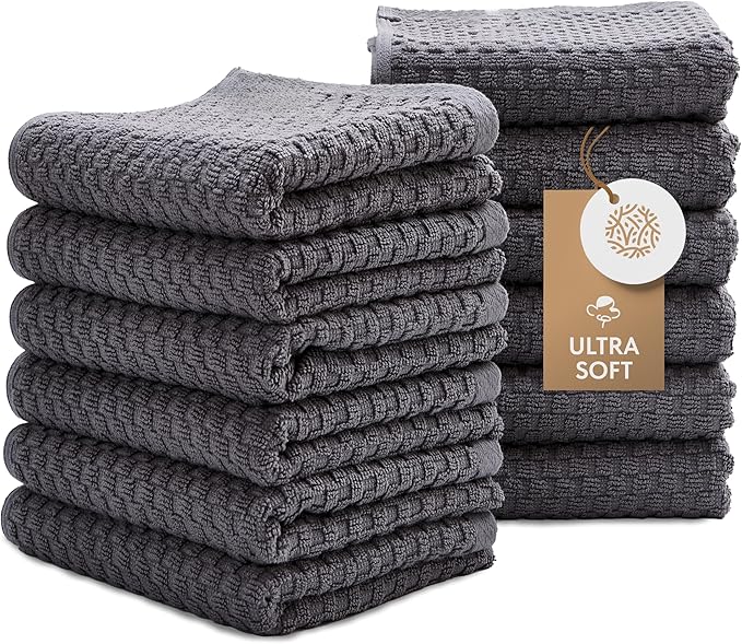 Super Absorbent Kitchen Towels 12 Pack - Premium 100% Cotton Kitchen Towels, 450GSM Thick Machine Washable Gray Dish Towels for Kitchen Drying, Cleaning, Dobby Weave, Unmatched Quality