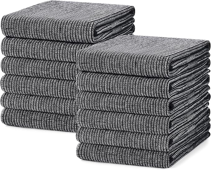 Mordimy Premium Large Cotton Kitchen Towels (18"x 28", 12 Pack), Black | 100% Ring Spun Cotton, Super Absorbent, 380 GSM, Flat & Terry, Soft, Hanging Loop Dish Towels