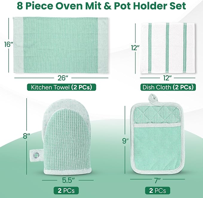 Casa Platino Potholders & Oven Mitts Heat Resistant, 8-Piece Mini Oven Mitt with Silicone Grip, Potholder for Kitchens, 2 Kitchen Towels & 2 Dish Cloths – Durable & Non-Slip – Sage