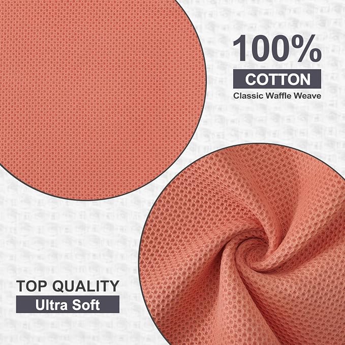 Kitinjoy 100% Cotton Waffle 6-Pack Kitchen Towels, 12" x 12", Coral | Ultra Absorbent, Super Soft, lightweight, Quick Drying Dish Rags for Washing Dishes