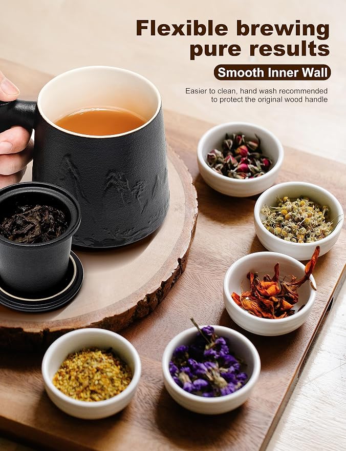 suyika Ceramic Tea Cup with Infuser and Lid 15.2 oz / 450 ml | Gradient Embossed, Large Tea Mug, Wooden Handle Tea Lover Gifts
