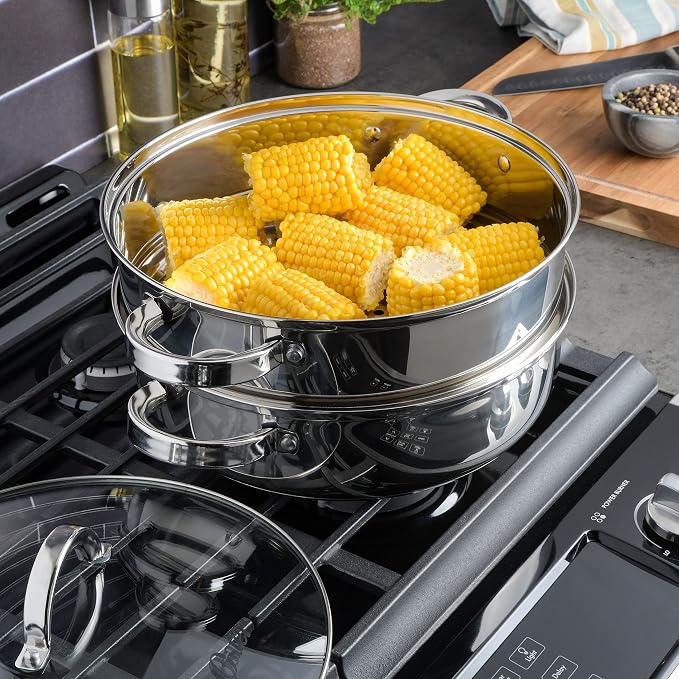 Oster Sangerfield 11-Inch Stainless Steel Everyday Cookware Pan with Steamer and Lid – Durable Nonstick Frying Skillet for Kitchen Cooking (Pack of 2)
