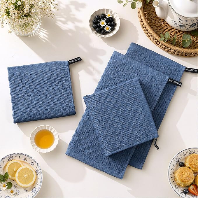 Homaxy 100% Cotton Terry Dish Cloths, 12"x12", 8-Pack, Navy Blue | Ultra Soft Absorbent Dish Towels with Hanging Loop, Pineapple Grid Designed