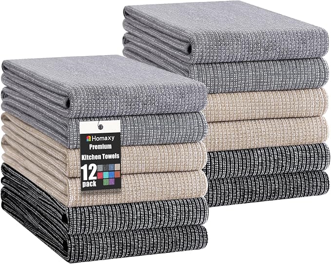 Homaxy 380 GSM Cotton Premium Kitchen Towels 12 Pack, 18"x 28", Mix | Flat and Terry Dish Towels, Highly Absorbent Tea Towel Set with Hanging Loop, Soft Kitchen Hand Towels, Grey/Khaki/Black
