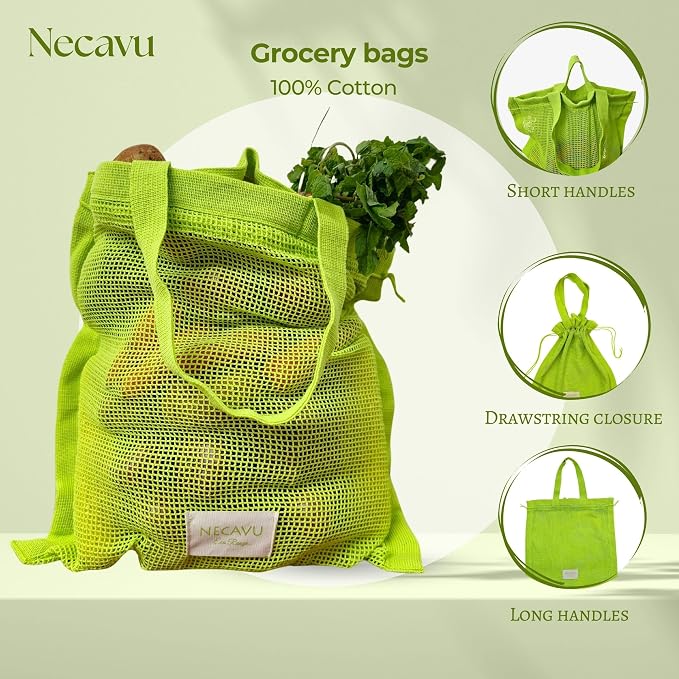 100% Cotton Set Of 2 Mesh Grocery Bag | Eco-Friendly Cotton Market Bags For Vegetable Shopping | Multi-Purpose Portable Cotton Market Bags with Reinforced Edges (Kiwi Green) (Kiwi Green)