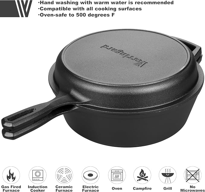 VORRINGARD Pre-seasoned Cast Iron Double Dutch Oven Pot with Skillet Lid, for Bread Baking, Outdoor, Campfire Cooking, 3 Quart