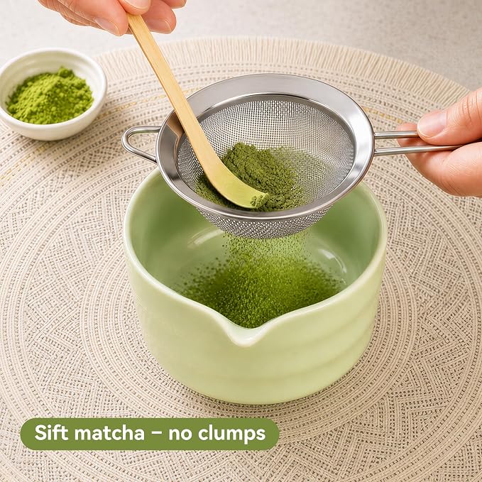 Matcha Whisk Set with Ceramic Bowl - Complete Matcha Making Kit, Bamboo Whisk (Chasen), Whisk Holder, Matcha Powder Sifter, Scoop, Japanese Tea Ceremony Tools（Green）
