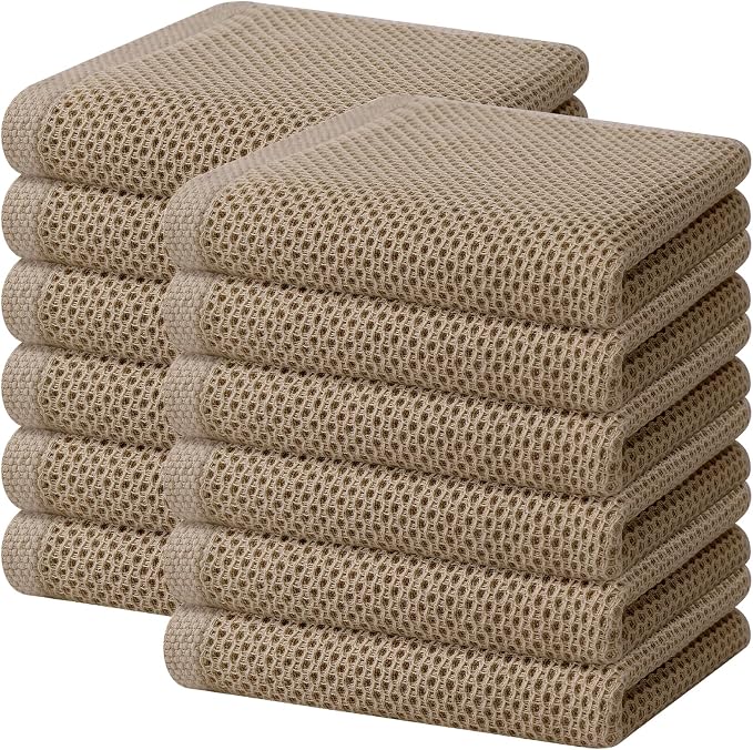 Homaxy 100% Cotton Waffle Weave Kitchen Dish Towels 12-Pack, Tan | 13 x 28 Inches, Ultra Soft Absorbent Dish Towels, Quick Drying Cleaning Towels