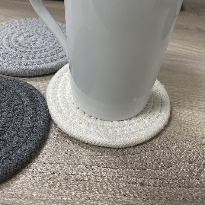 ABenkle 8 Pcs Drink Coasters with Holder, Cotton Woven Absorbent Coasters for Drinks, Minimalist Home Decor Coaster Set for Wooden Tabletop Protection Table, 4.3 inches White