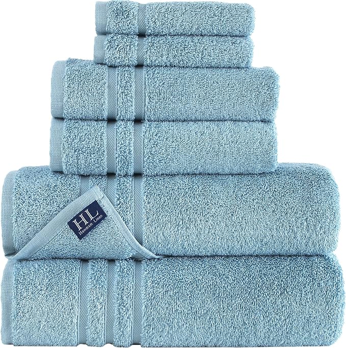 Hawmam Linen Light Blue 6 Piece Bath Towels Set for Bathroom Original Turkish Cotton Soft, Absorbent and Premium 2 Bath Towels, 2 Hand Towels, 2 Washcloths