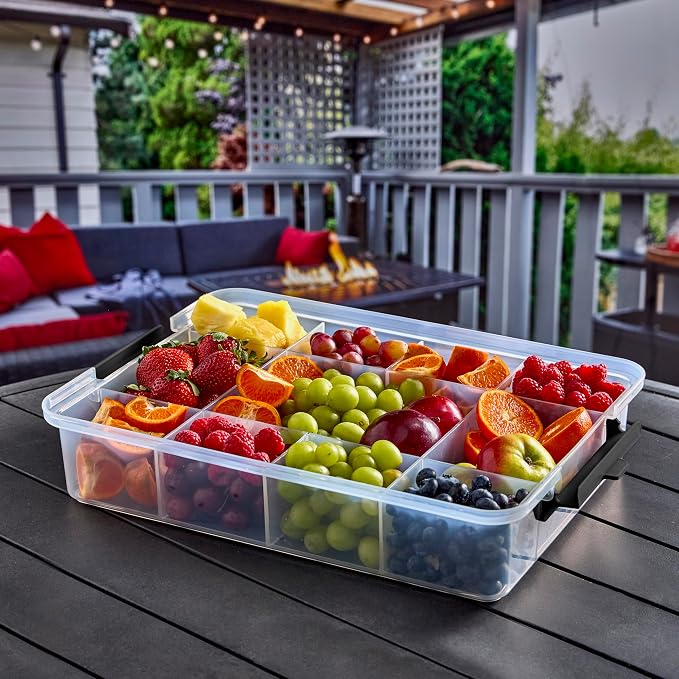 Farberware Snacklebox 11x16 Inch Bamboo Cutting Board Lid with 11-Compartment PP Snack Box, Locking Handles for Travel - Charcuterie Board with Lid for Picnics, Road Trips, and Outdoor Entertaining