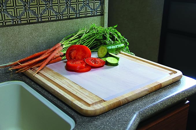 Camco - Hardwood Cutting Board and Stove Topper with Non-Skid Backing, Includes Flexible Cutting Mat (43753) | Includes flexible cutting mat to protect wood finish, will not dull knives, eliminates rattles, 17 x 19-1/2 x 3/4 in