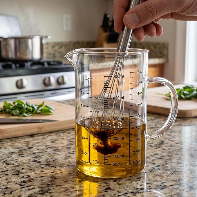18 oz/500ml Glass Measuring Cup,OLULU 2 Cup Liquid Measuring Cup with 3 Measurement Scales (Cup/Oz/ml), Borosilicate Glass Measuring Cup with Handle & Spout for Baking, Cooking