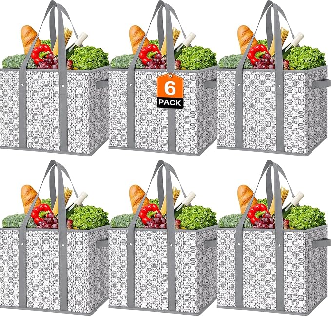 Reusable Grocery Bags 6 Pack, Foldable & Water Resistant Shopping Bags | Large Grocery Tote Bag Water Resistant Shopping Bags Foldable Grocery Bag for Clothes,Shoes and Picnic