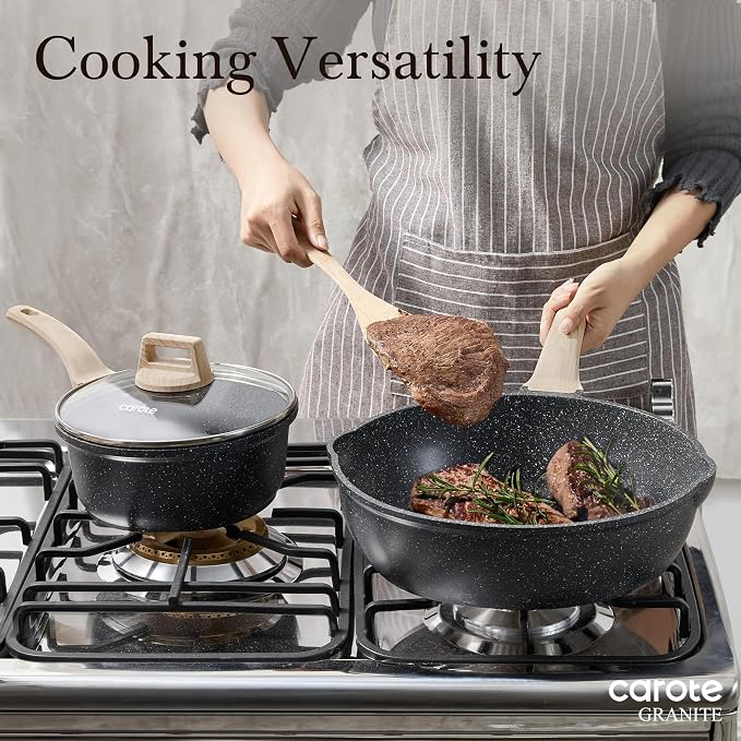 CAROTE 12 Inch Nonstick Deep Frying Pan with Lid, 5.5 Qt | Kitchen Non-Toxic PFOA Free Cookware, Covered Skillet All Stovetops Compatible , Black Granite
