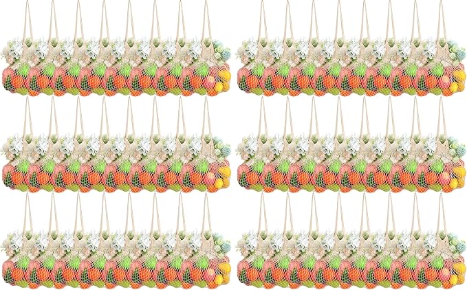 Woanger 24 Pcs Beige Long Handle Reusable Cotton Mesh Produce Shopping Bags Washable Grocery Net Portable Fruit and Vegetable Cotton String Bags Net Tote Organizer (Pack of 2)