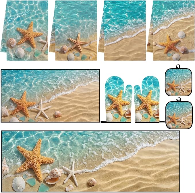 10 Pcs Starfish Beach Kitchen Decor and Accessories Set, 4 Kitchen Dish Towels 2 Rugs 2 Oven Mitts 2 Pot Holders, Home Decor for Cooking Baking BBQ Gifts Women Mom Housewarming