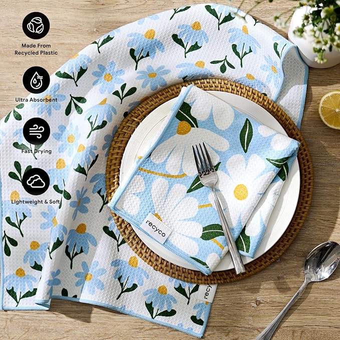 RECYCO Waffle Kitchen Towel Set of 2 - Quick Dry Microfiber Sustainable Dish Towels - Ultra Absorbent Reusable Cleaning Tea Towels - Lightweight Hand Towels,16”x 28”, Daisy Dreams