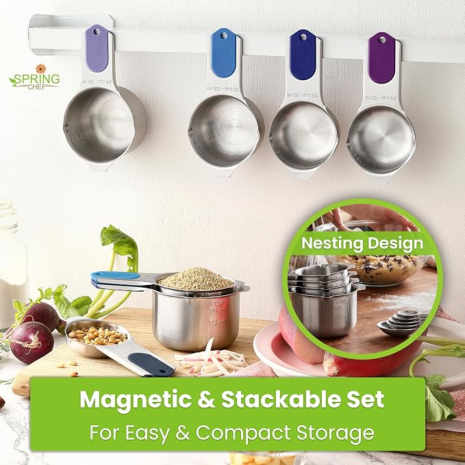 Spring Chef Magnetic Measuring Cups & Spoons Set of 15, Winter Frost | Patented Nesting Stainless Steel Measuring Cups & Heavy Duty Metal Measuring Spoons w/ Levelers for Dry & Liquid Ingredients