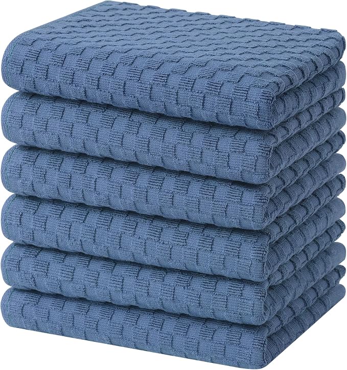 Homaxy 100% Cotton Terry Kitchen Towels(15" x 25", 6 Pack), Navy Blue | Soft and Super Absorbent Dish Towels, 380 GSM Reusable Tea Towel with Hanging Loop, Pineapple Grid Designed