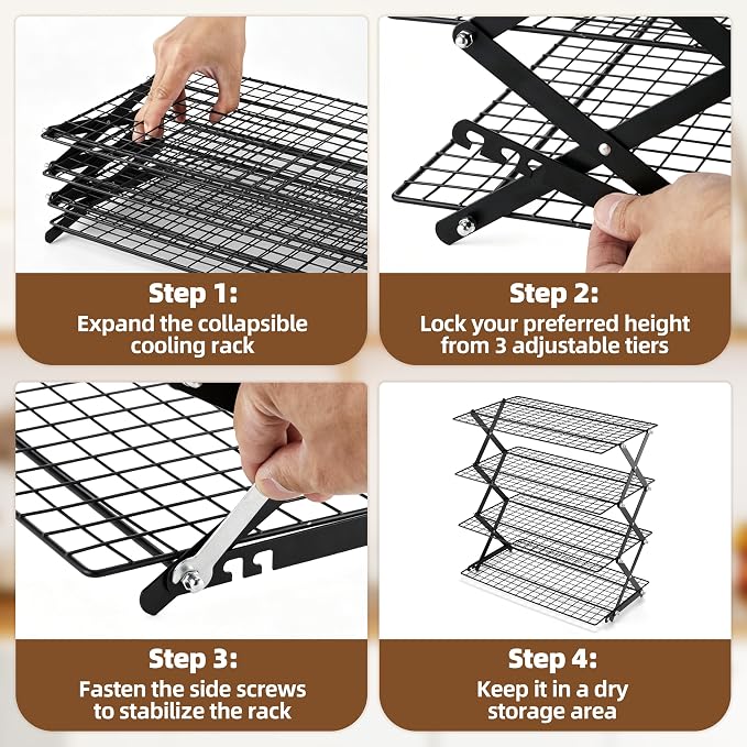 LIANYU 4-Tier Cooling Rack for Baking & Cooking, Collapsible & Space-Saving | Baking Wire Rack for Cooking, Nonstick 4 Adjustable Tiers, 3 Setting Design, Heavy Duty & Non-Toxic, Ideal for Cakes, Cookies