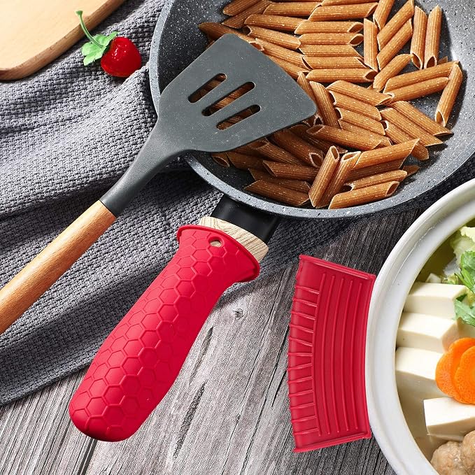 Patelai 8 Pcs Silicone Pot Holders Set Cast Iron Handle Cover Heat Resistant Pot Handle Covers Potholder Non Slip Reusable Pan Sleeve for Frying Pan Kitchen Supplies(Red)