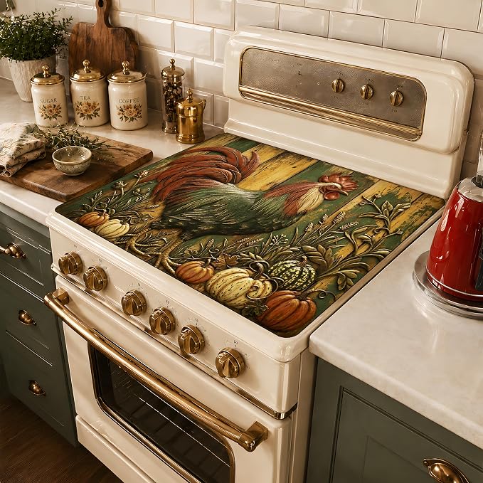 Vintage Rooster Pumpkin Stove Top Cover 28.3 x 20.5 Inch, Rustic Farmhouse Glass Cooktop Protector Mat, Fall Harvest Electric Range Cover for Kitchen Counter Decor (Retro Rooster)