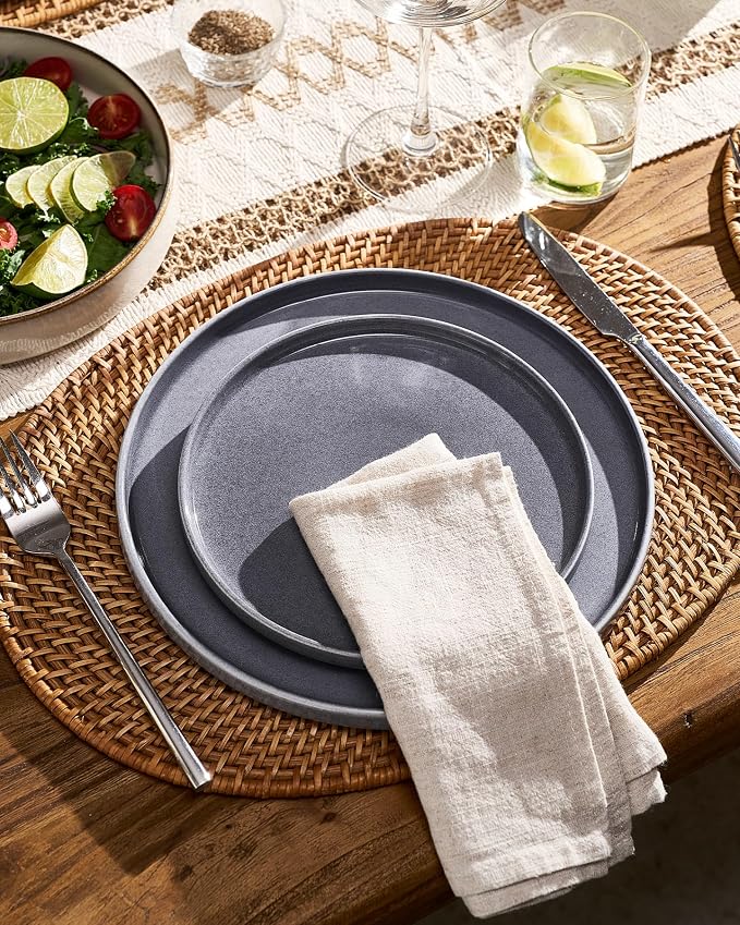 Famiware Annecy 12-Piece Stoneware Dinnerware Set, Misty Blue | Stoneware Plates and Bowls for 4, Handmade Reactive Glaze, Microwave & Dishwasher Safe, Chip & Scratch Resistant