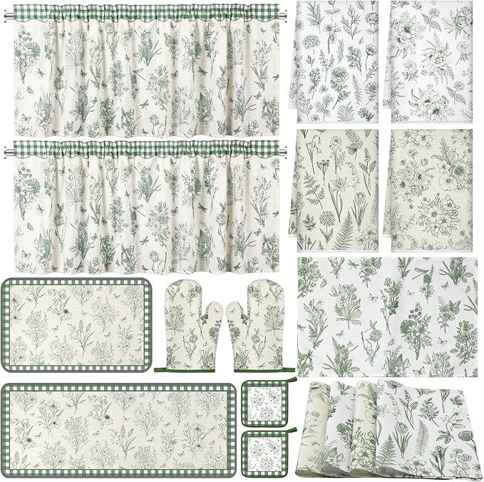 Fourluoo 16 Pcs Green Floral Kitchen Decor Set Kitchen Towels Non Slip Rugs and Mats for Floor Oven Mitts Gloves Pot Holders Placemats Art Abstract Curtains for Home Decoration Gift
