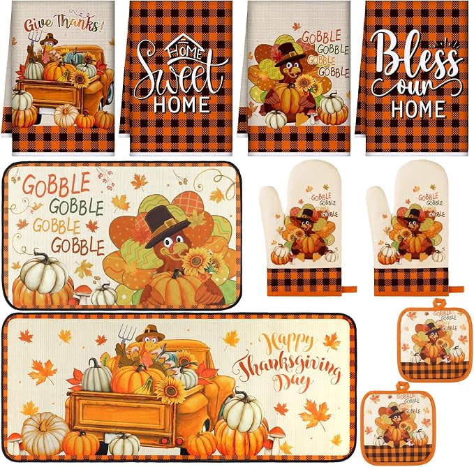 Fanfanwin 10 Pcs Fall Thanksgiving Turkey Kitchen Decor Set Kitchen Towels Pot Holders Oven Mitts and Rugs Set Thanksgiving Towels for Baking Cooking BBQ Autumn Home