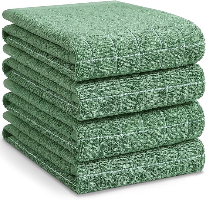 Homaxy 100% Cotton Terry Kitchen Towels, Large 4 Pack, Grass Green | Ultra Soft and Absorbent Dish Towels for Kitchen, Suitable for Drying and Washing Dishes