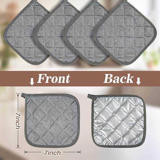 MAQIHAN Pot Holders for Kitchen - 4 PCS Cotton Hot Pads for Kitchen Gray | Cotton Potholders Set, Heat Resistant Terry Cloth 7 Inch, Oven Pads, Cooking, Baking Pans, Dining Table & Countertops