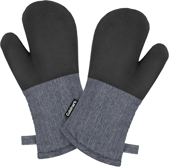 Cuisinart Chambray Kitchen Oven Mitts, Heat-Resistant, 2-Pack, 7"x13" | Non-slip neoprene palm grips up to 350°F, long cuff shields forearms, hang loop for storage, handles cast iron and grilling